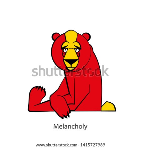 Cartoon character of a forest animal. A sad or tired bear sits with a paw on its paw and looks sad. Vector. Conceptual. I'm tired! I'm with you! I'm near! Melancholy.