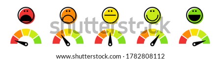 Speedometer, tachometer icon. Colour speedometer set. Scale from red to green performance measurement. Rating satisfaction concept with emotions. Vector illustration.