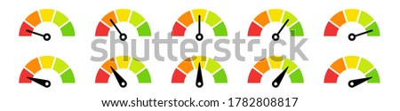 Speedometer, tachometer icon. Colour speedometer set. Scale from red to green performance measurement. Fast speed sign. Vector illustration.