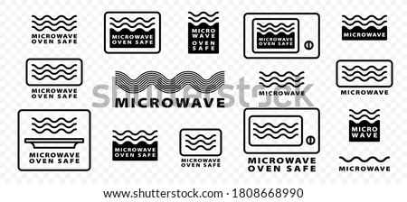 Microwaves flat linear icons set. Symbol for the safety of using cookware in a microwave oven. Label for the suitability of plastic utensils for safe heating and microwave cooking. Vector	