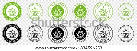 Stamps for packaging of cosmetic products. The label is aloe vera extract. Plant icon with flowing ingredient line. Vector set.