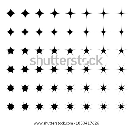 Flat design. Sparkling stars icons set. Black shiny glittering stellar light particles. Isolated over white background. Vector illustration.