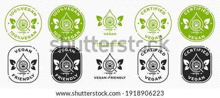 Concept for product packaging. Labeling - Vegan. The symbol for the drop tested for ingredients of animal origin is the result of a plant-based vegan product. Drop with wing-leaves. Vector set.