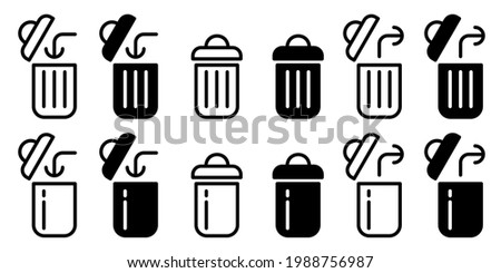 Flat linear design. Trash can isolated icons. Black and white open and closed trash can. The symbol is to add to the trash and restore data from the trash. Vector illustration.
