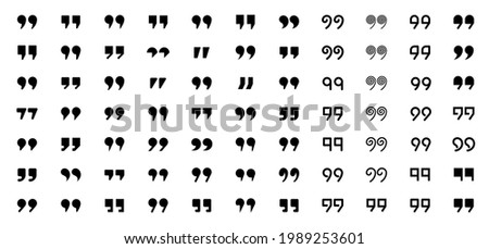 Punctuation flat mark set. Quote icons for conversation, quote, comments. A symbol for highlighting direct speech, quotes, references and names. Silhouette and outline of double comma. Vector elements