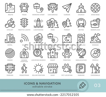 Set of conceptual icons. Vector icons in flat linear style for web sites, applications and other graphic resources. Set from the series - Navigation. Editable stroke icon.