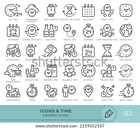 Set of conceptual icons. Vector icons in flat linear style for web sites, applications and other graphic resources. Set from the series - Time. Editable stroke icon.