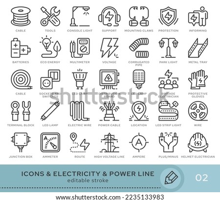 Set of conceptual icons. Vector icons in flat linear style for web sites, applications and other graphic resources. Set from the series - Electricity and Power Line. Editable stroke icon.