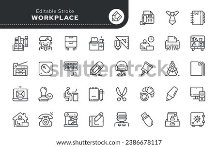Office workplace icon in outline linear style. Worker icon, office items, equipment and tools. Vector set of conceptual web icons for applications, websites and graphic resources.