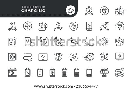 Charging line icons in outline linear style. Icon - charger, electronic charging, charge devices. Vector set of conceptual web icons.