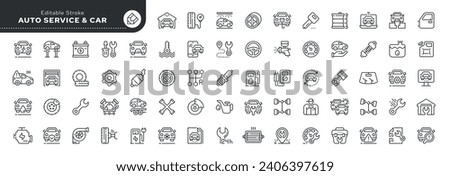 Set of line icons in linear style. Set - Car service, auto repair and tire fitting. Outline icon collection.Pictogram and infographic. Editable stroke