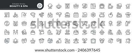 Set of line icons in linear style. Series - Spa salon, beauty. Skin, face, hair and body care. Outline icon collection. Pictogram and infographics.