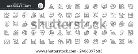 Set of line icons in linear style. Set - Graphs and charts.  Static analytical charts of economics, finance and business. Outline icon collection.