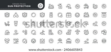 Line icon set. Sun protection. Tanning and sunscreen. UV protection. Outline icon collection. Pictogram and infographic. Editable stroke.	

