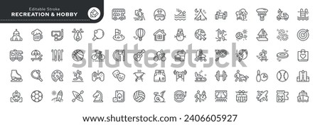 Set of line icons in linear style. Set - Recreation. Hobby,vacation and entertainment. Web line icon. Outline pictogram and infographic. Editable.