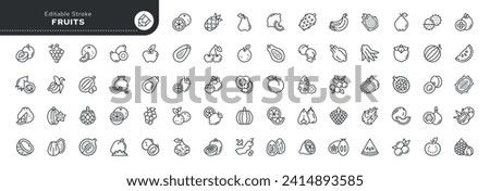 Set of line icons in linear style. Set - Fruits and exotic fruits. Edible fruits of trees and plants. Outline icon collection. Pictogram and infographic. Editable stroke.	