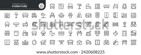 Set of line icons in linear style. Set - Furniture, home and interior. Products for furnishing residential and public premises. Outline icon collection. Pictogram and infographic. Editable stroke.	