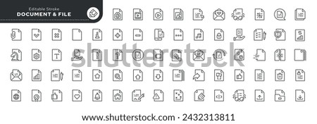 Set of line icons in linear style. Set - Document and file. Blank form, paper sheet, agreement, contract and letter. Outline icon collection. Pictogram and infographic. Editable stroke.	