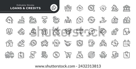 Set of line icons in linear style. Series - Loan and Credit. Mortgage, car loan, bank lending, cash loan. Outline icon collection. Pictogram and infographic.