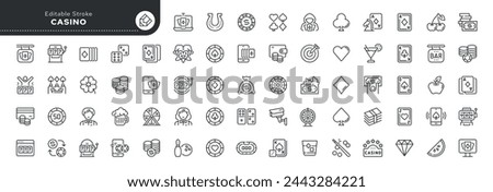 Set of line icons in linear style. Series - Casino, poker, card games. Playing cards, chips, lottery, roulette, slot machine. Outline icon collection. Conceptual pictogram and infographic.	
