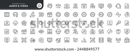 Set of line icons in linear style. Set - Video and audio. Video camera, sound, microphone, media and player.Outline icon collection. Pictogram and infographic. Editable stroke.	