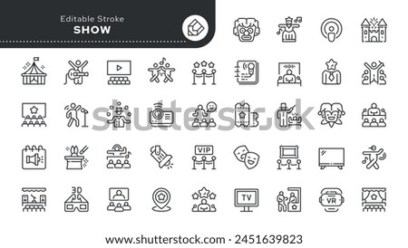 Set of line icons in linear style. Series - Show. Entertainment, leisure, performance. Concert, cinema, circus, exhibition, theater, philharmonic, opera.Outline icon collection. Conceptual pictogram