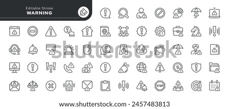 Warning and risk. Set of line icons in linear style. Warning exclamation mark, attention, danger, notice, stop. Outline icon collection. Conceptual pictogram