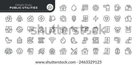 Public utilities, service. Set of line icons in linear style. Electricity, water supply, gas supply, drainage, garbage removal, major repairs, heating, cold, hot water. Outline conceptual pictogram