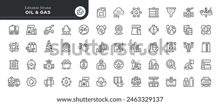  Series - Oil, gas and fuel .Set of line icons in linear style.Energy mining company, gasoline refinery and oil rig. Outline icon collection. Conceptual pictogram and infographic.