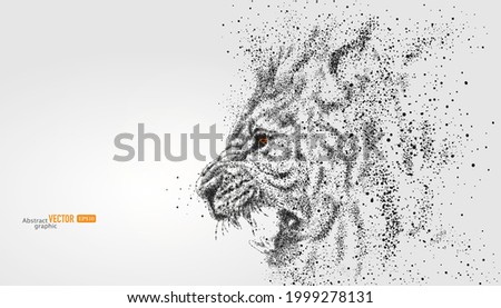 A roaring lion is composed of particles on gray background. Abstract vector animal background.