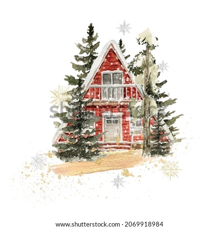 Watercolor winter landscape. Hand painted christmas forest with cozy red house, fir tree, snow, snowflakes. New year forest. illustration for card design, print. Landscape