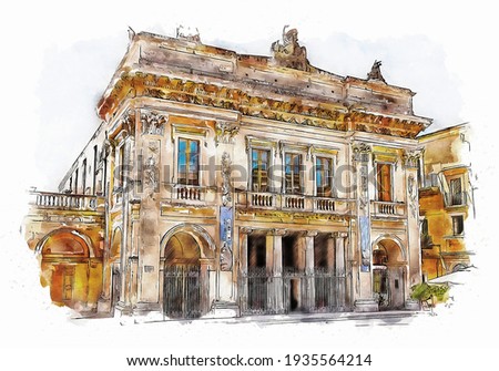 Tina Di Lorenzo Theater in Noto, Sicily, Italy, watercolor sketch illustration.