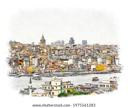 Istanbul, a view of Galata (modern Karaköy) with the Galata Tower (1348), Turkey, watercolor sketch illustration from photo. Zdjęcia stock © 