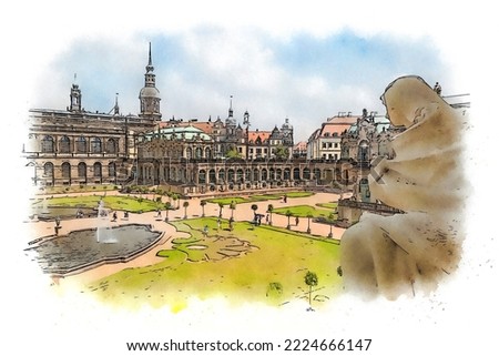 Zwinger palace in Dresden, Germany, watercolor sketch illustration.