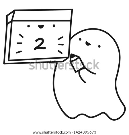 Funny ghost keeps calendar with the date of the month. Outline drawing. Vector illustration