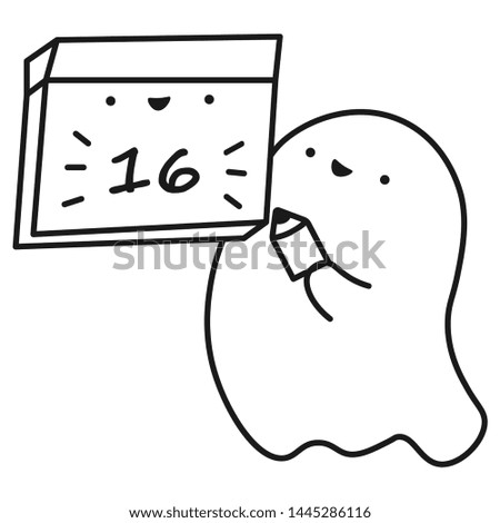 Funny ghost keeps calendar with the date of the month. Outline drawing. Vector illustration