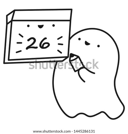 Funny ghost keeps calendar with the date of the month. Outline drawing. Vector illustration