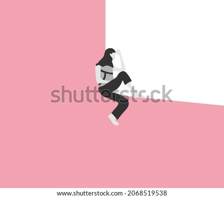 The girl sits in the window opening with her legs dangling. Conceptual flat vector illustration. Foto d'archivio © 