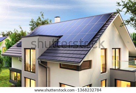Solar panels on the roof of the modern house. 3D rendering Foto stock © 