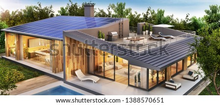 Beautiful country house with roof terrace and solar panels.
Exterior and interior design of a luxury home with a swimming pool. 3d rendering Сток-фото © 
