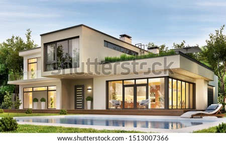 Modern house with terrace and a swimming pool. 3D rendering