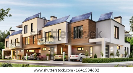 Modern townhouse with solar panels on the roof and electric cars. 3d rendering