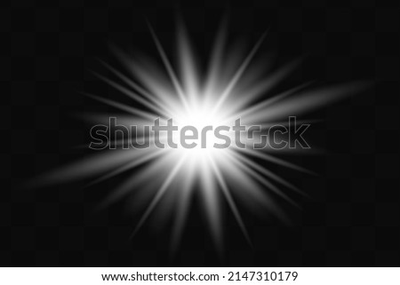 Special design of sunlight or light effect. Star, sun or spotlight beams. Bright flash. Light PNG. Decor element. Vector illustration for decorating. Isolated transparent background.