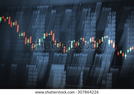 Candlestick graph overlaid on a black stock trading board with  numerical data as a conceptual art for stock market situations