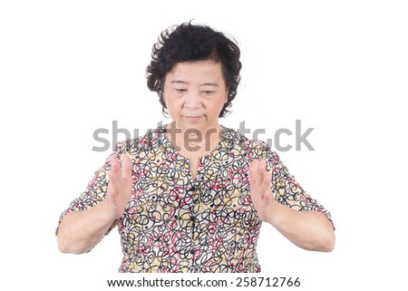 woman holds her arms wide open, imagine the size in the air, isolated on white background.