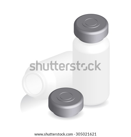 ampoules, bottles, vials, with aluminium vial cap and flip-off vial cap. isolated on white background, illustration, vector