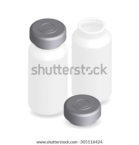 ampules, bottles, vials, with aluminium vial cap and flip-off vial cap. isolated on white background, illustration, vector