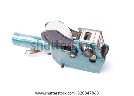 Old price label, shop pricing gun, price tag, soft shadow, on a white background