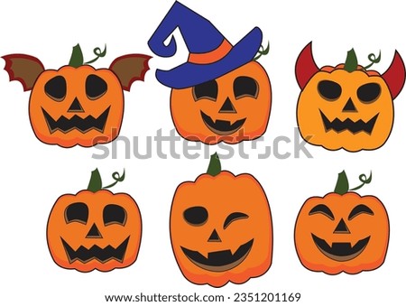 
Create spooky Halloween vibes with this vector illustration set of orange jack-o'-lantern pumpkins. Each pumpkin features a unique, eerie expression, glowing from within. 