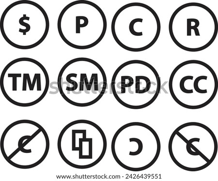 Licence and copyright sign set with trademark, public domain and other icons